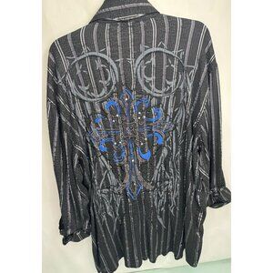 VTG Men Shirt Y2K Semi Sheer Metallic Embroidered Cross 3/4 Sleeve Bling Goth XL
